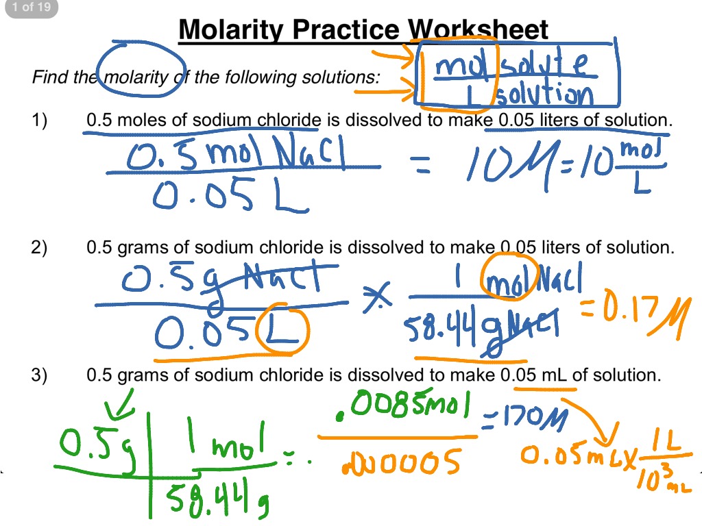 Molarity practice worksheet 1-3 | Science, Chemistry, Solutions