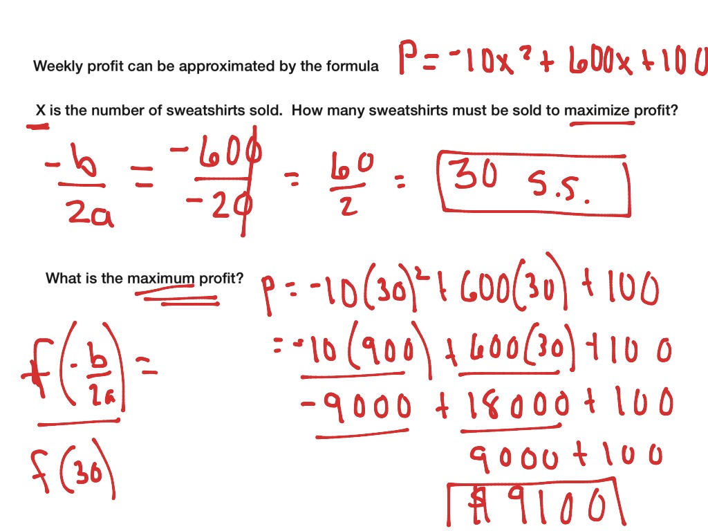Quadratic Equation Finding Max Profit Math Algebra 2 ShowMe