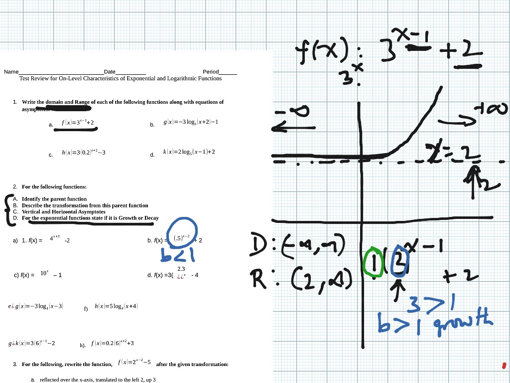 Test Review Characteristics of Exponential And Logarithmic Functions ...