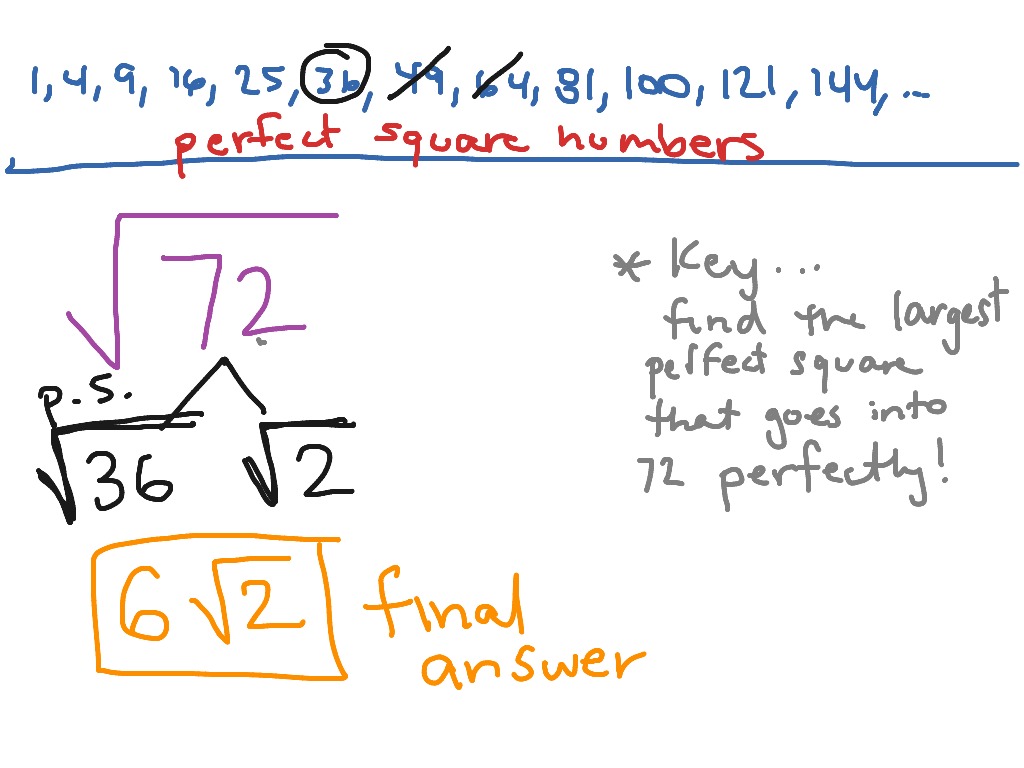 Simplifying square root of 72 Math ShowMe