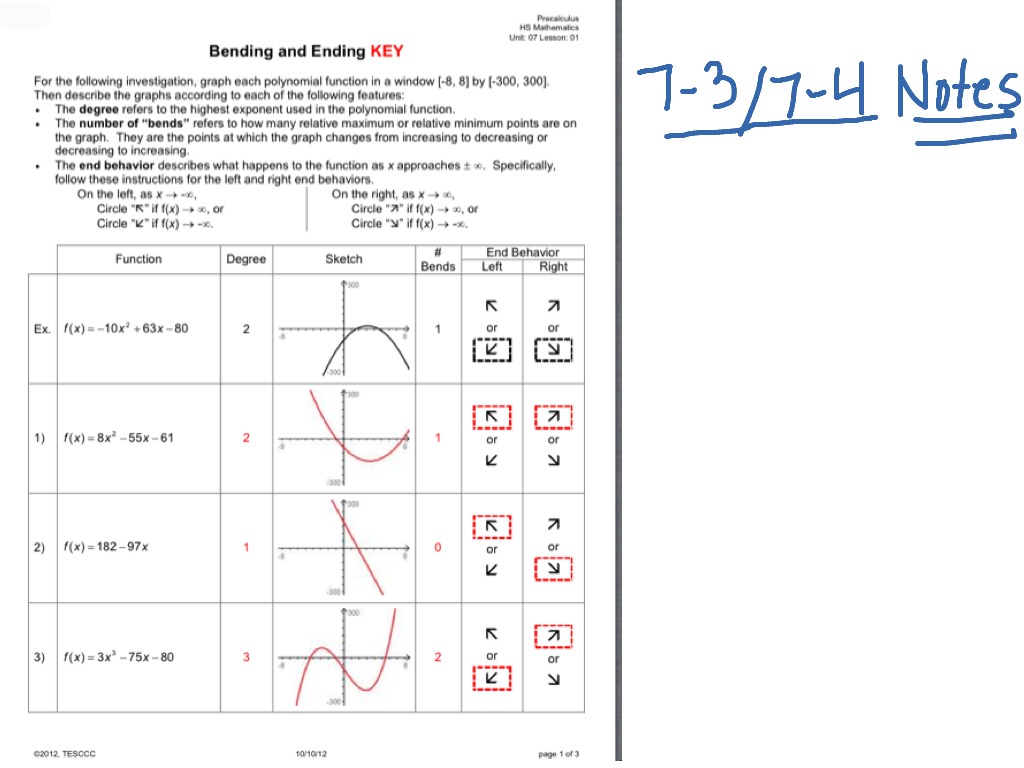 worksheet End Behavior Worksheet 7 37 4 notes bending and ending math precalculus showme