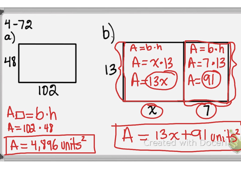 Alg. 472 a and b. Calculating Areas of Rectangles Math, Algebra