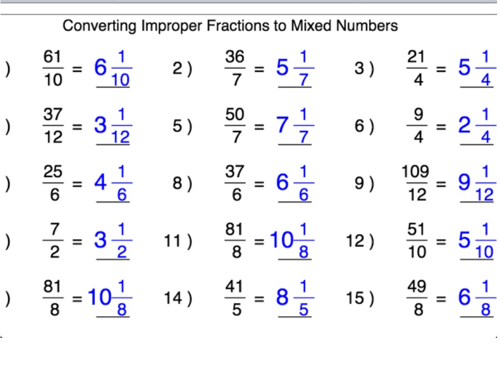 Improper Fractions to Mixed numbers Practice | special education | ShowMe