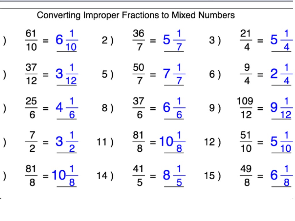 Improper Fraction To Mixed Number Worksheet Improper Fractions Mixed Grade Numbers Worksheets 