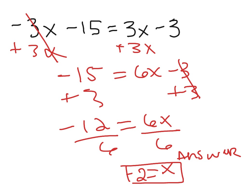 -3x-15=3x-3 | Math, Algebra, solving-equations | ShowMe