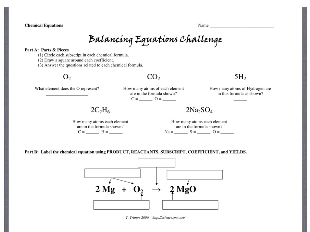 Balancing Equations Challenge Directions  Science, Chemistry Throughout Balancing Nuclear Equations Worksheet Answers