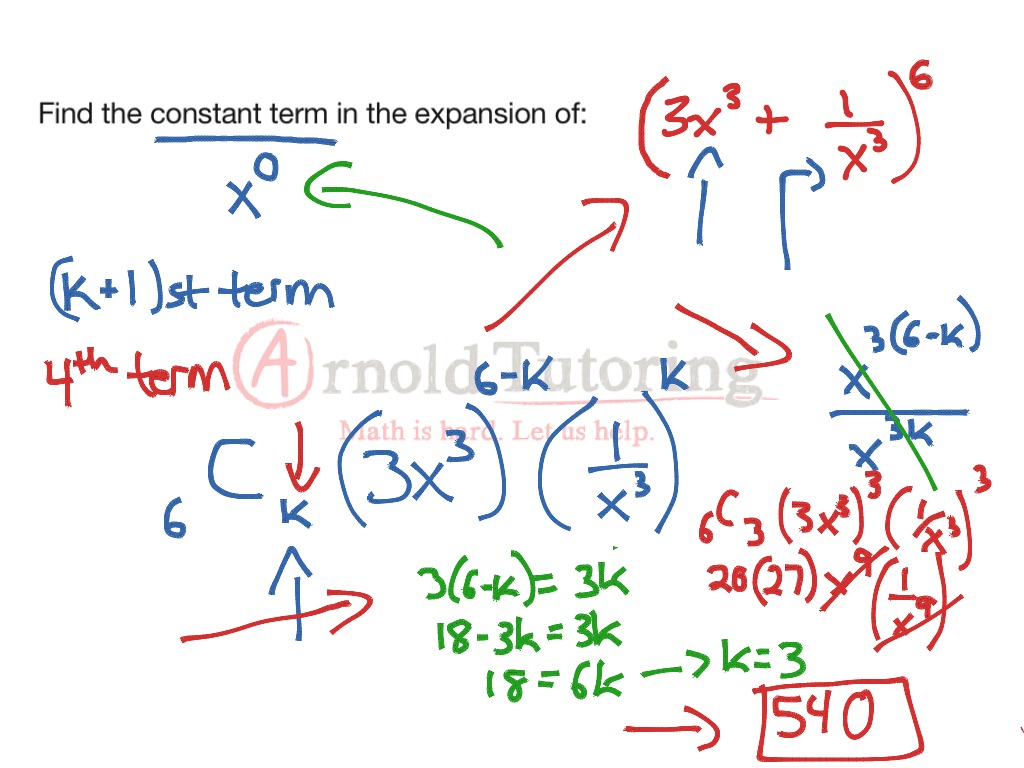 Binomial theorem - find the constant term | Math, Precalculus | ShowMe