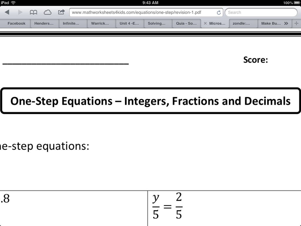 One-Step Equations - Integers,Fractions,Decimals  Math, Algebra In One Step Equations Worksheet Pdf