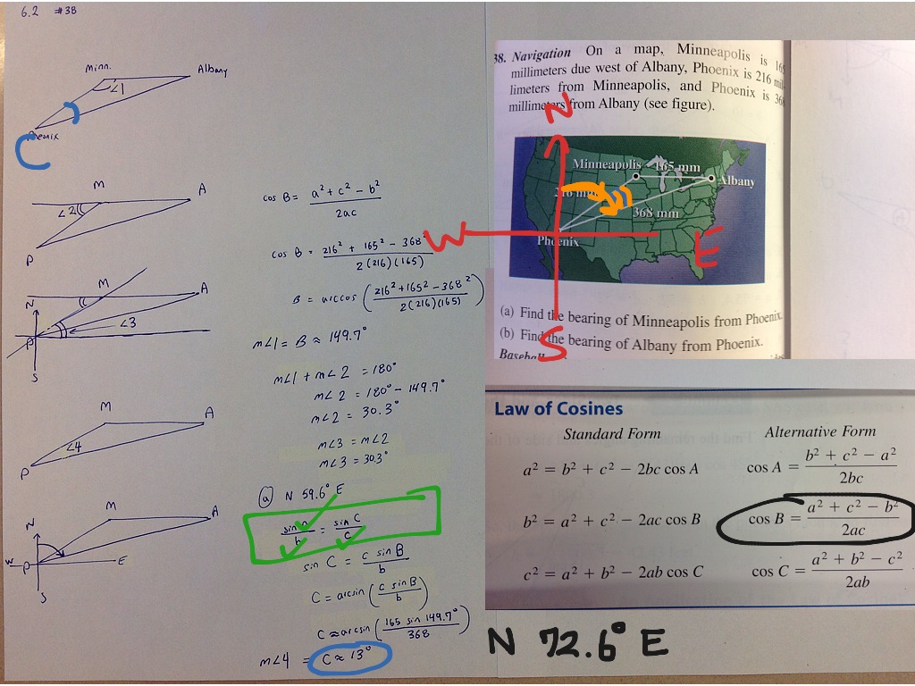 6.2 No. 38 Bearings / Law of Cosines Math, Precalculus ShowMe