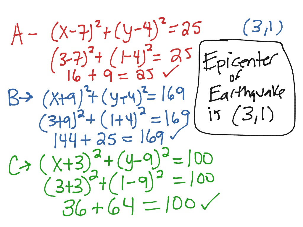 Find epicenter of earthquake using circles | Math, Algebra | ShowMe