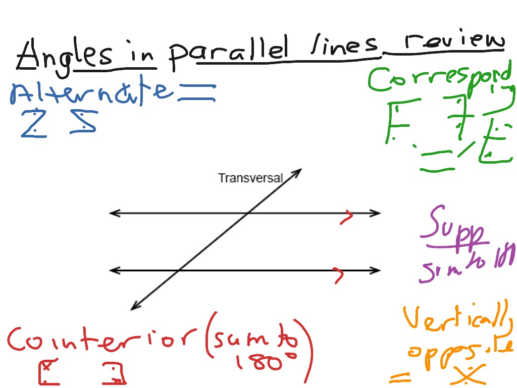 Angles in parallel lines review | Math, geometry, angles ...